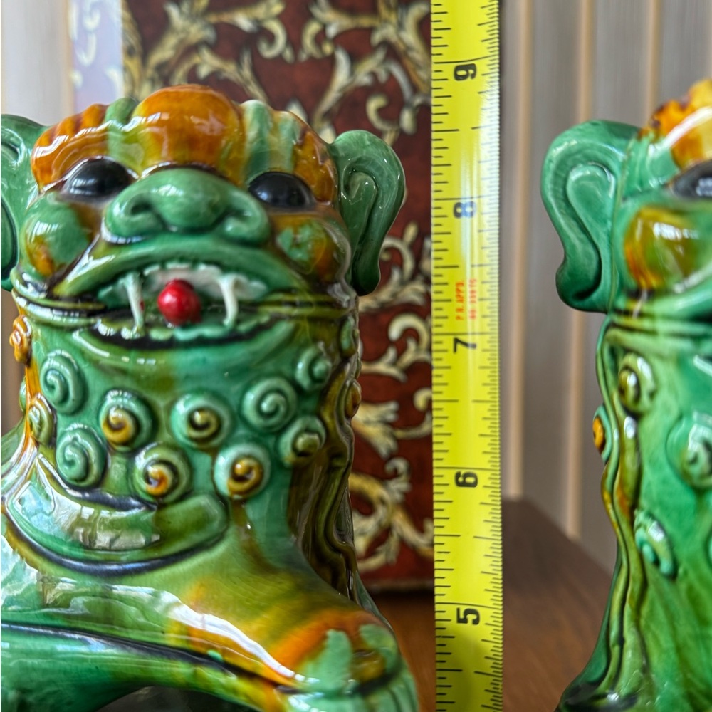 Green Ceramic Foo Dog Pair - Glazed Guardian Statues - Picture 11 of 15